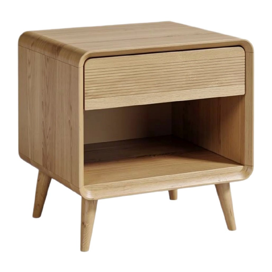 Technische titel: "Moderne Houten Nachtkastje met Laden en Open Opbergruimte"