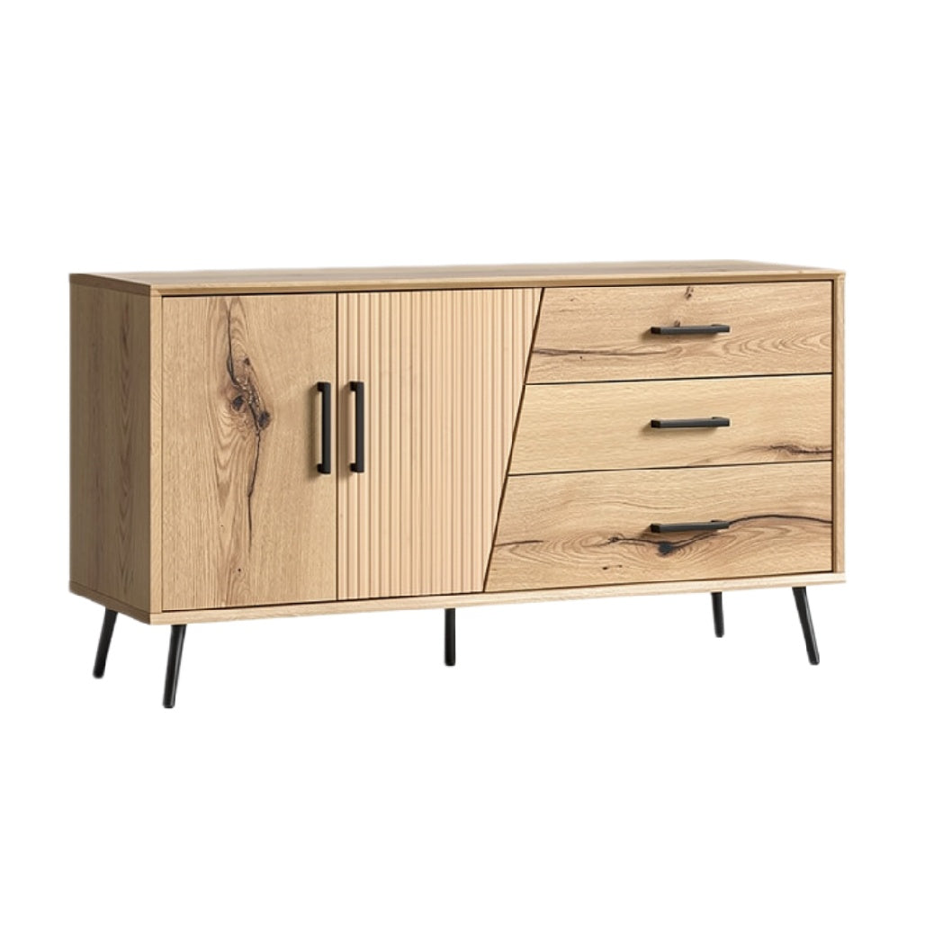 "Duurzame houten tv-kast met metalen poten en moderne uitstraling"