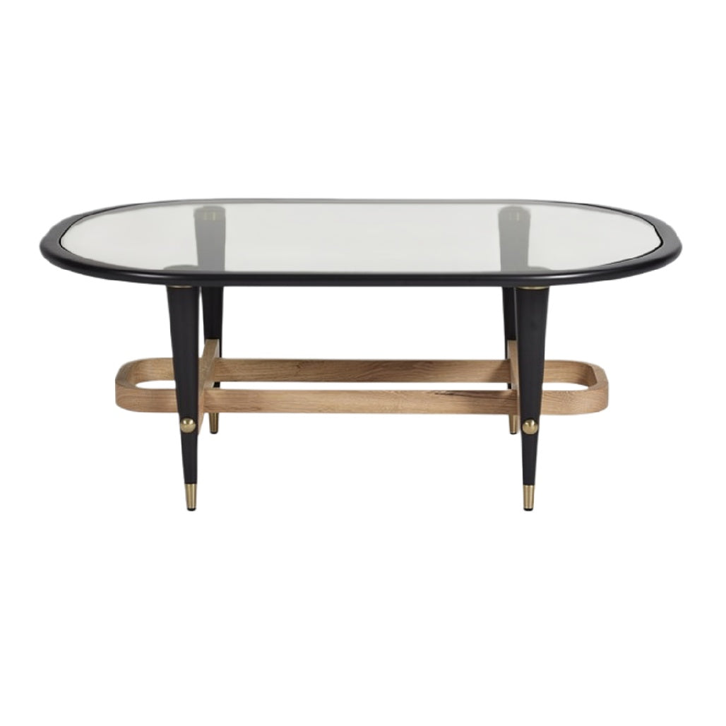 "Moderne Ovalen Salontafel met Glasblad en Houten Onderstel"