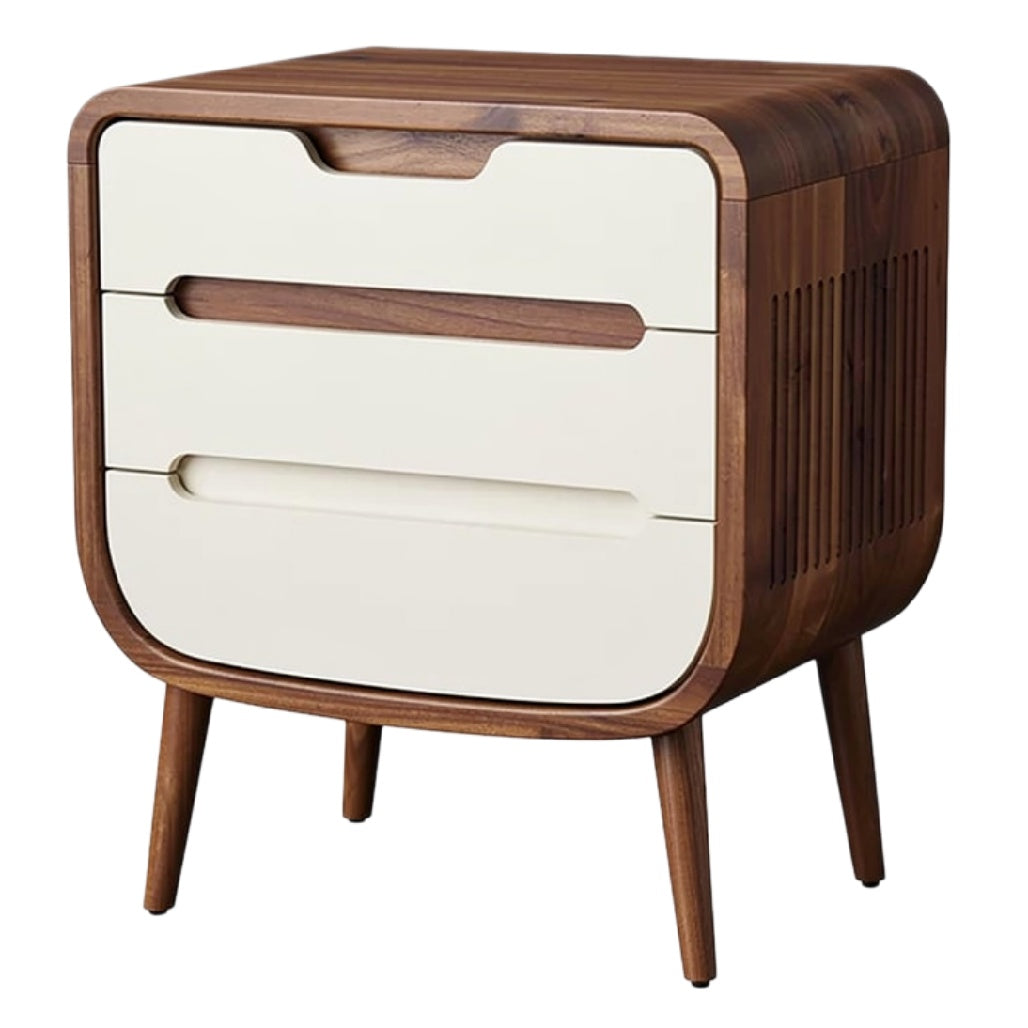 Moderne nachttafel met hout en witte lades, drie lades en afgeronde hoeken