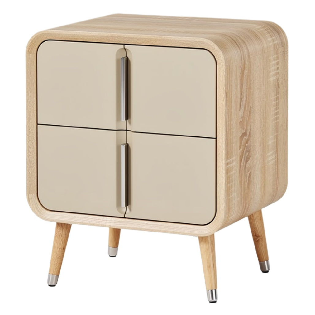 Moderne nachtkast met afgeronde hoeken en twee lades in hout- en beige-afwerking.